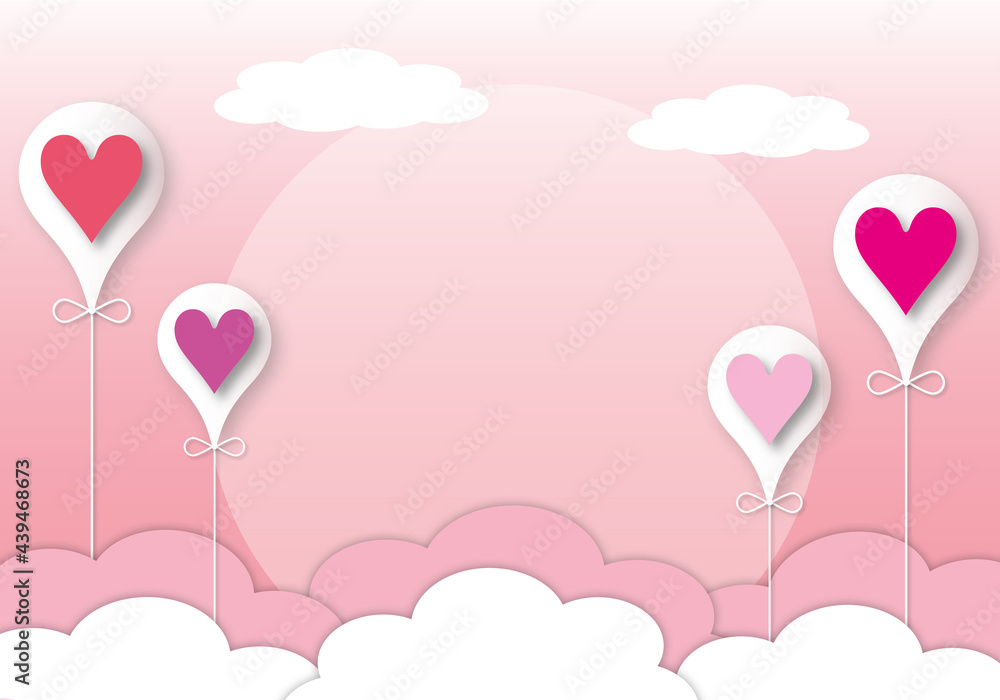 Colourful hearts with clouds and balloon on pink background, Wedding, Valentine’s day, Women, Mothers, Fathers, poster, love concept, paper cut design style.