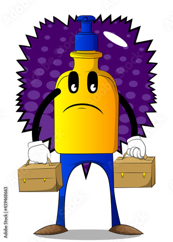Cartoon bottle of hand sanitizer gel for hygiene with face with two suitcase.