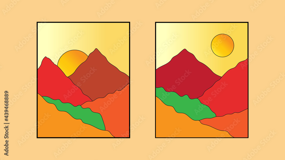 a pair of mountain wall art. Earth tone vector landscape background set with sun. Abstract art design for wall frame prints, covers, home decor, posters and wallpapers. a pair of mountain wall art. Earth tone vector landscape background set with sun. Abstract art design for wall frame prints, covers, home decor, posters and wallpapers.