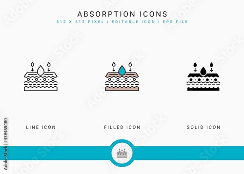 Absorption icons set vector illustration with solid icon line style. Skin moisture water concept. Editable stroke icon on isolated background for web design, user interface, and mobile application