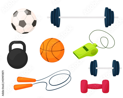 Set of sports equipment in cartoon style. Vector illustration collection for sports. Barbells, dumbbells, balls. Isolated on white background 