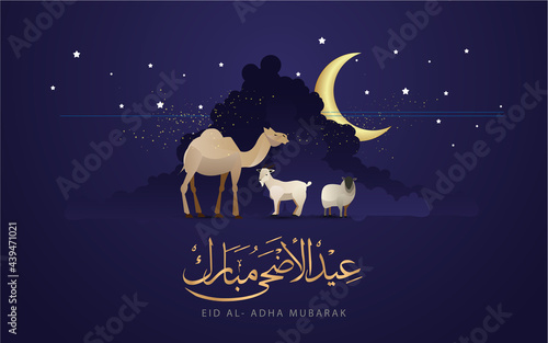 Eid Al Adha Celebration of Muslim holiday the sacrifice a camel, sheep and goat, can use for, landing page, template, ui, web, mobile app, poster, banner, flyer, background photo