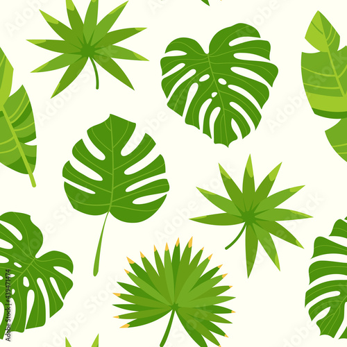 Seamless pattern from tropical leaves on a light background. Exotic jungle leaves, banana, monstera, palm leaves, livistona. Vector illustration. 