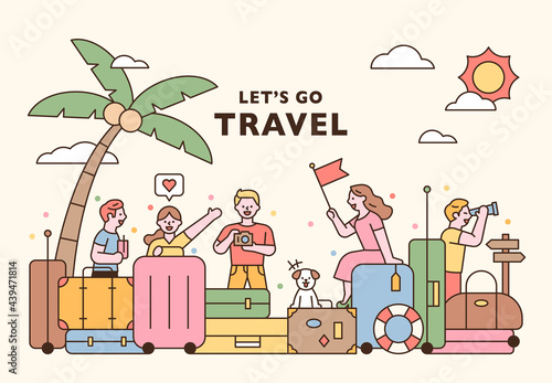 Vacation travel concept banner poster. The suitcases are piled up and people are having fun. flat design style minimal vector illustration.