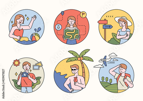 Character design on vacation inside a circle. People swimming, drinking cocktails on the beach, going abroad, looking at maps, finding directions and taking pictures. flat design vector illustration.