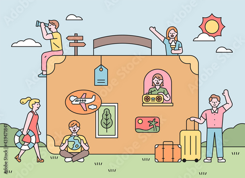People on vacation around big suitcases. There is a sticker on the suitcase and a man is listening to the radio in the window. flat design style minimal vector illustration.