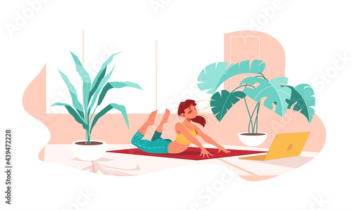 Fitness at home. Girl doing sports doing yoga pose