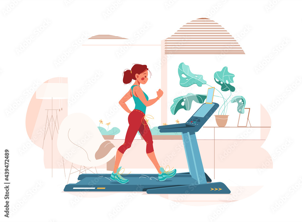 Fitness at home. Girl works out sport on treadmill