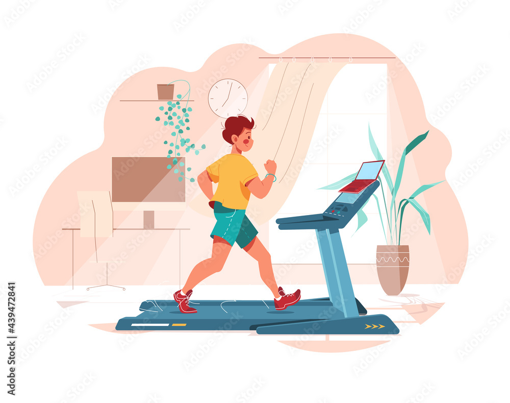 Fitness at home. Man works out sport on treadmill
