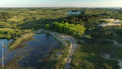 Aerial fast movement of National park Kennemerland with sunset photo