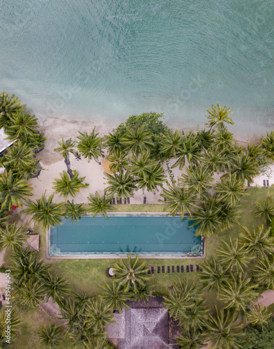 beach hotel with swimming pool, palm trees and tropical sea photo