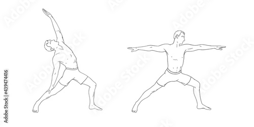 Yoga warrior poses or virabhadrasana I and peaceful variation. Men practicing yoga for balance improvement. Hand drawn sketch vector illustration isolated on white background