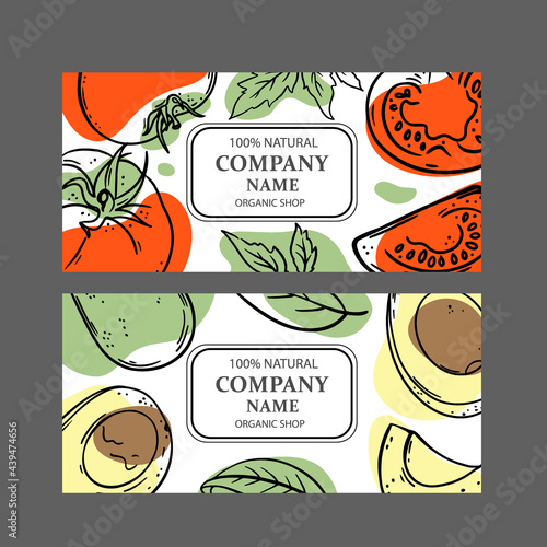 TOMATO AVOCADO LABELS Design Of Stickers For Shop Of Organic Natural Fresh Juicy Fruits Vegetables And Dessert Drinks In Sketch Style Vector Illustration Set