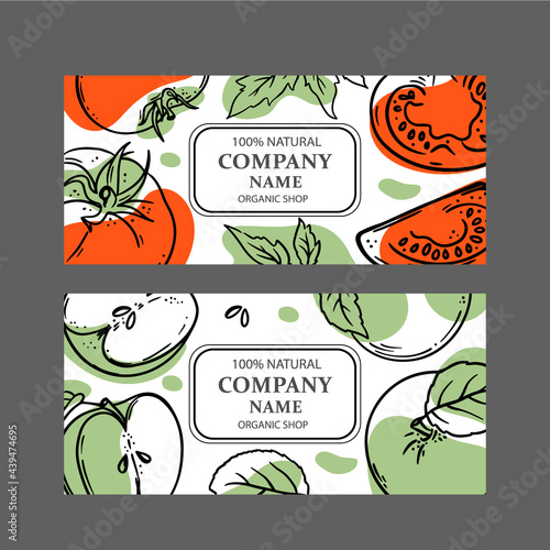 TOMATO GREEN APPLE LABELS Design Of Stickers For Shop Of Organic Natural Fresh Juicy Fruits Vegetables And Dessert Drinks In Sketch Style Vector Illustration Set