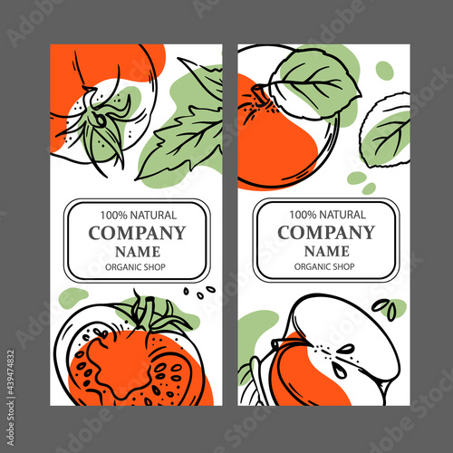 TOMATO RED APPLE LABELS Design Of Stickers For Shop Of Organic Natural Fresh Juicy Fruits Vegetables And Dessert Drinks In Sketch Style Vector Illustration Set