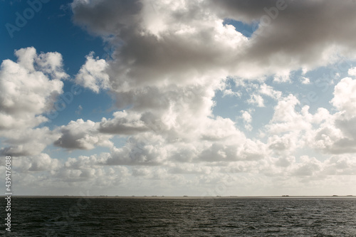 White clouds against blue sky over rippling sea
 photo