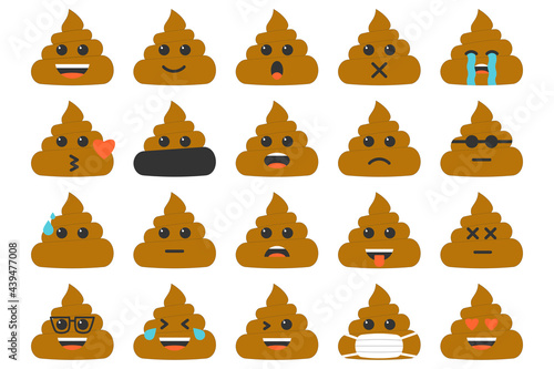 Emoticons vector icons set. Flat emoji collection. Poop funny emotion icons happy, laughing and crying isolated on white background.