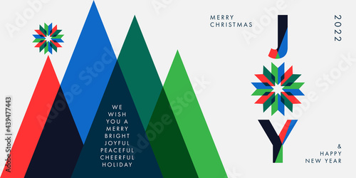 Merry Christmas and Happy New Year 2022 background, greeting card, poster, holiday cover. Xmas design template with typography and season wishes in modern minimalist style for web, social media, print