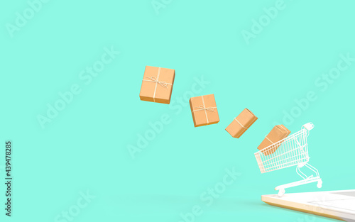 3d render Boxes in shopping cart on laptop.Delivery online shopping.Logistic business.Shopping service online web delivery.shop in website store.Digital payment and product delivery.purchase trade.