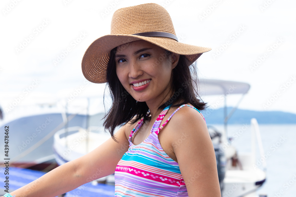 beautiful woman with swimming suit smiling