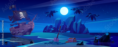 Pirate ship moored on island with treasure at night. Chest with gold and shovel under full moon, filibuster loot on sea beach with palm trees. Adventure book or game scene, Cartoon vector illustration