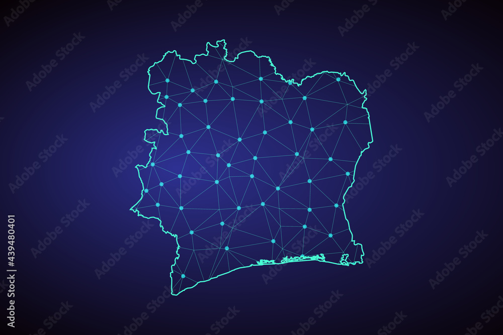 Map of Ivory Coast. Wire frame 3D mesh polygonal network line, design ...
