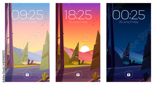 Forest landscape with road and mountains on horizon at morning, evening and night. Vector template for mobile phone screensaver with time and cartoon nature background