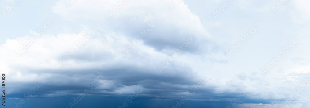 dark sky before storm with black beautiful clouds. Seamless panorama angle view 