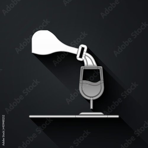 Silver Wine tasting, degustation icon isolated on black background. Sommelier. Smells of wine. Long shadow style. Vector