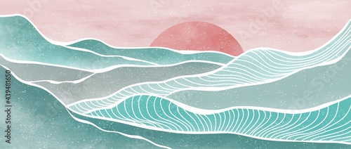Creative minimalist modern paint and line art print. Abstract ocean wave and mountain contemporary aesthetic backgrounds landscapes. with sea, skyline, wave. vector illustrations © gina