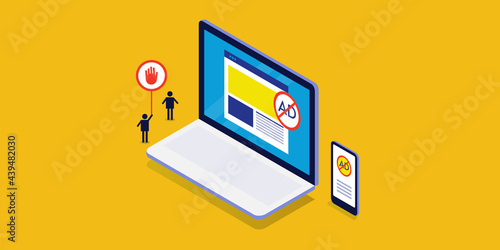 Ad blocking, blocking unwanted advertising popup windows, dialog box with internet security software, ad block stickman with red stop sign, isometric design, yellow background.
