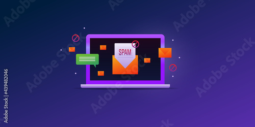 Email spam, incoming unwanted emails, email security software detecting and warning email fraud, malware, virus concept. Junk email appearing on laptop screen.