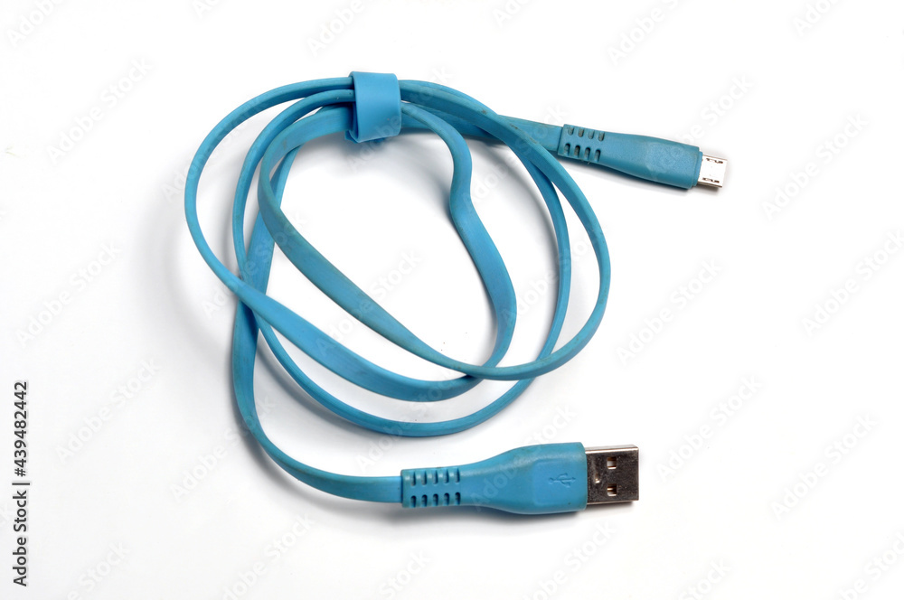 Blue Color Micro USB Cable Data Charging White Background Blue Color Micro USB Cable Data Charging White Background