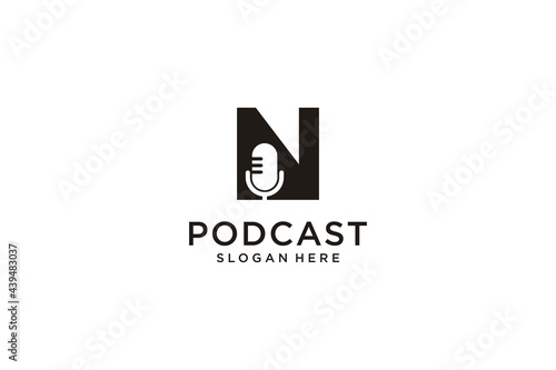 initial letter N with microphone podcast logo design template