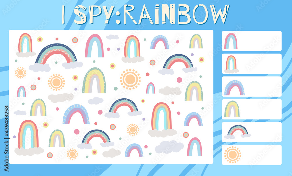 I spy game. Childrens educational fun. Count how many weather elements. Flat hand drawn rainbow, cloud, sun and dots. Vector space template for preschool games.