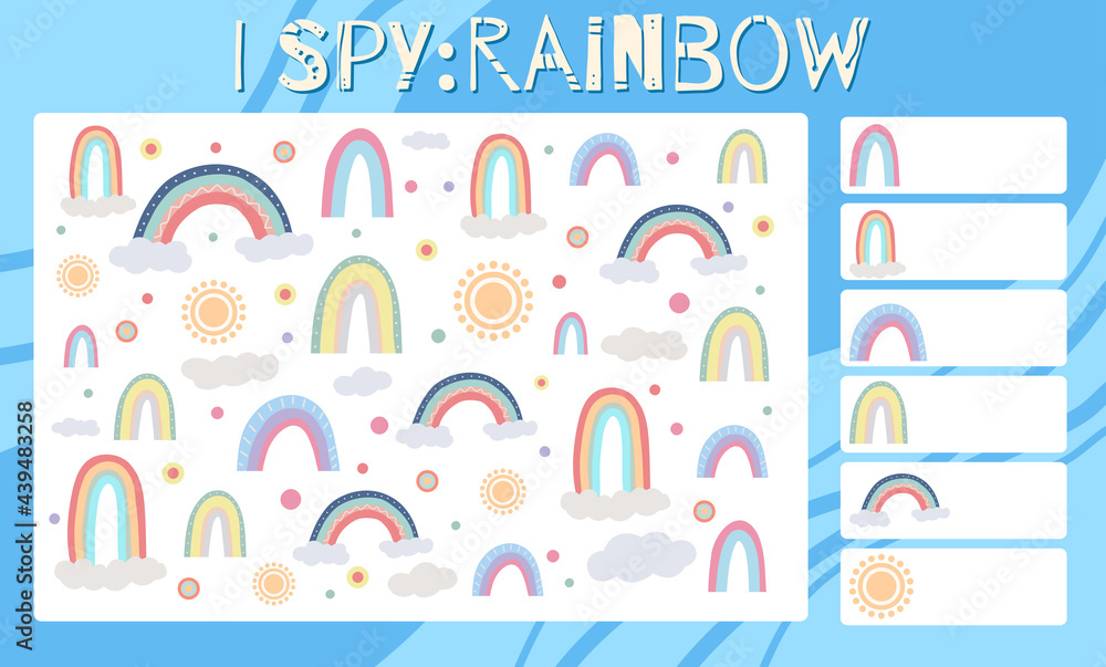 I spy game. Childrens educational fun. Count how many weather elements. Flat hand drawn rainbow, cloud, sun and dots. Vector space template for preschool games. I spy game. Childrens educational fun. Count how many weather elements. Flat hand drawn rainbow, cloud, sun and dots. Vector space template for preschool games.