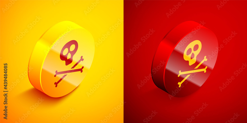 Isometric Bones and skull as a sign of toxicity warning icon isolated on orange and red background. Circle button. Vector Isometric Bones and skull as a sign of toxicity warning icon isolated on orange and red background. Circle button. Vector
