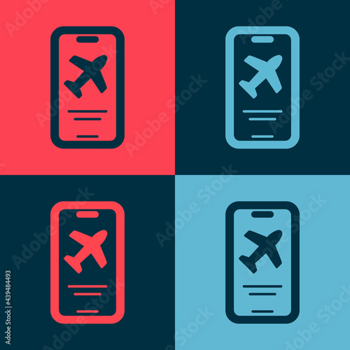 Pop art Smartphone with electronic boarding pass airline ticket icon isolated on color background. Passenger plane mobile ticket for web and app. Vector