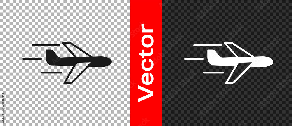 Black Plane icon isolated on transparent background. Flying airplane icon. Airliner sign. Vector