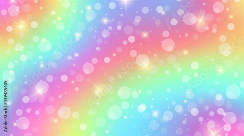 Rainbow fantasy background. Holographic illustration in pastel colors. Cute cartoon girly background. Bright multicolored sky with stars and bokeh. Vector.
