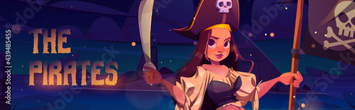 Girl pirate holding sword and black flag with skull. Vector poster of pirates with cartoon illustration of sea landscape with island and pretty woman in buccaneer costume at night