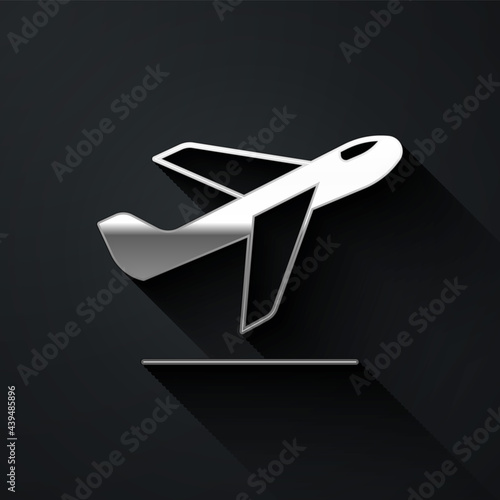 Silver Plane takeoff icon isolated on black background. Airplane transport symbol. Long shadow style. Vector