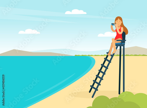 Woman Lifeguard or Rescuer Supervising Safety and Rescuing Swimmers and Surfers Vector Illustration