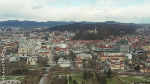 Aerial shot trucking along the city of Ljubljana the capital of Slovenia. photo