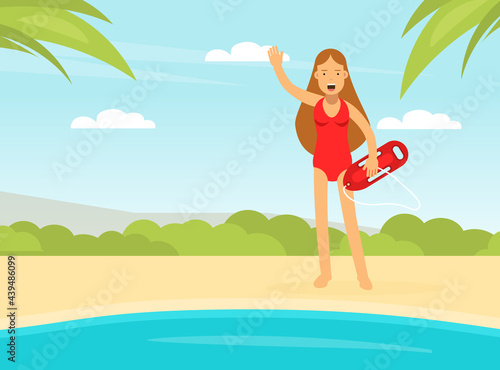 Woman Lifeguard or Rescuer Supervising Safety and Rescuing Swimmers and Surfers Vector Illustration