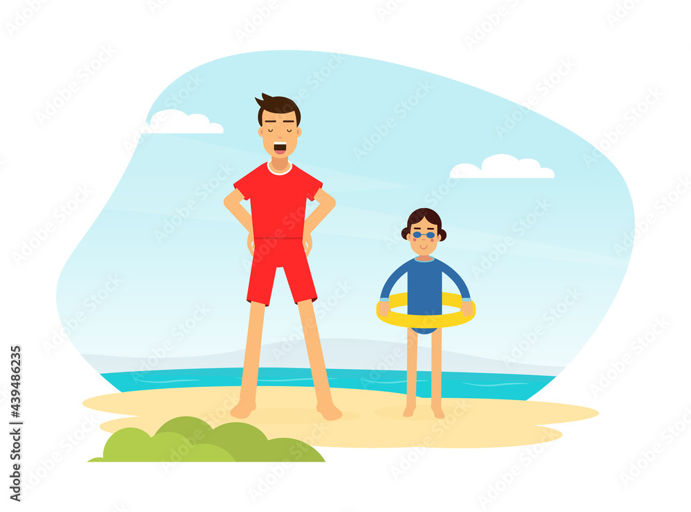 Man Lifeguard or Rescuer Supervising Safety and Rescuing Swimmers and Surfers Vector Illustration Man Lifeguard or Rescuer Supervising Safety and Rescuing Swimmers and Surfers Vector Illustration