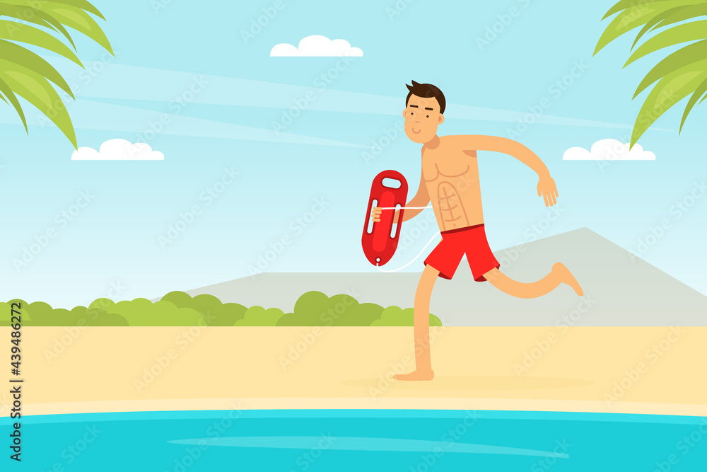 Man Lifeguard or Rescuer Supervising Safety and Rescuing Swimmers and Surfers Vector Illustration