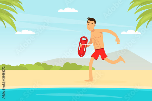 Man Lifeguard or Rescuer Supervising Safety and Rescuing Swimmers and Surfers Vector Illustration