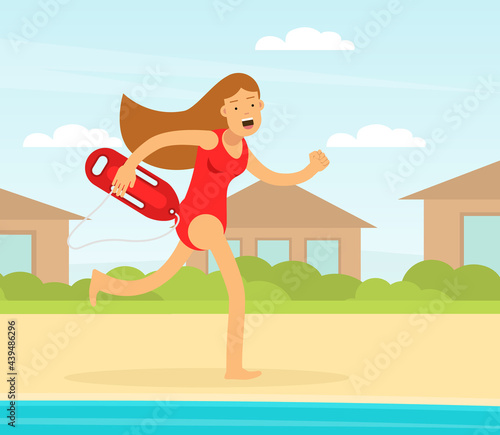 Woman Lifeguard or Rescuer Supervising Safety and Rescuing Swimmers and Surfers Vector Illustration