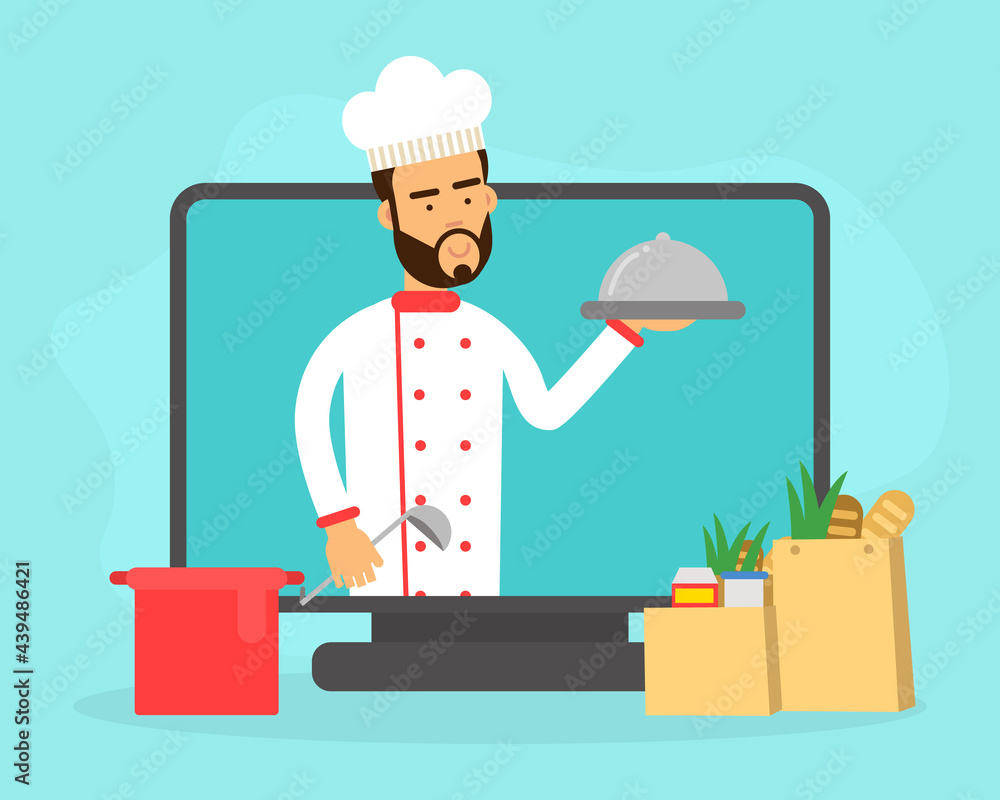 Man Chef Holding Tray with Served Dish Peeped Out from TV set Vector Illustration Man Chef Holding Tray with Served Dish Peeped Out from TV set Vector Illustration